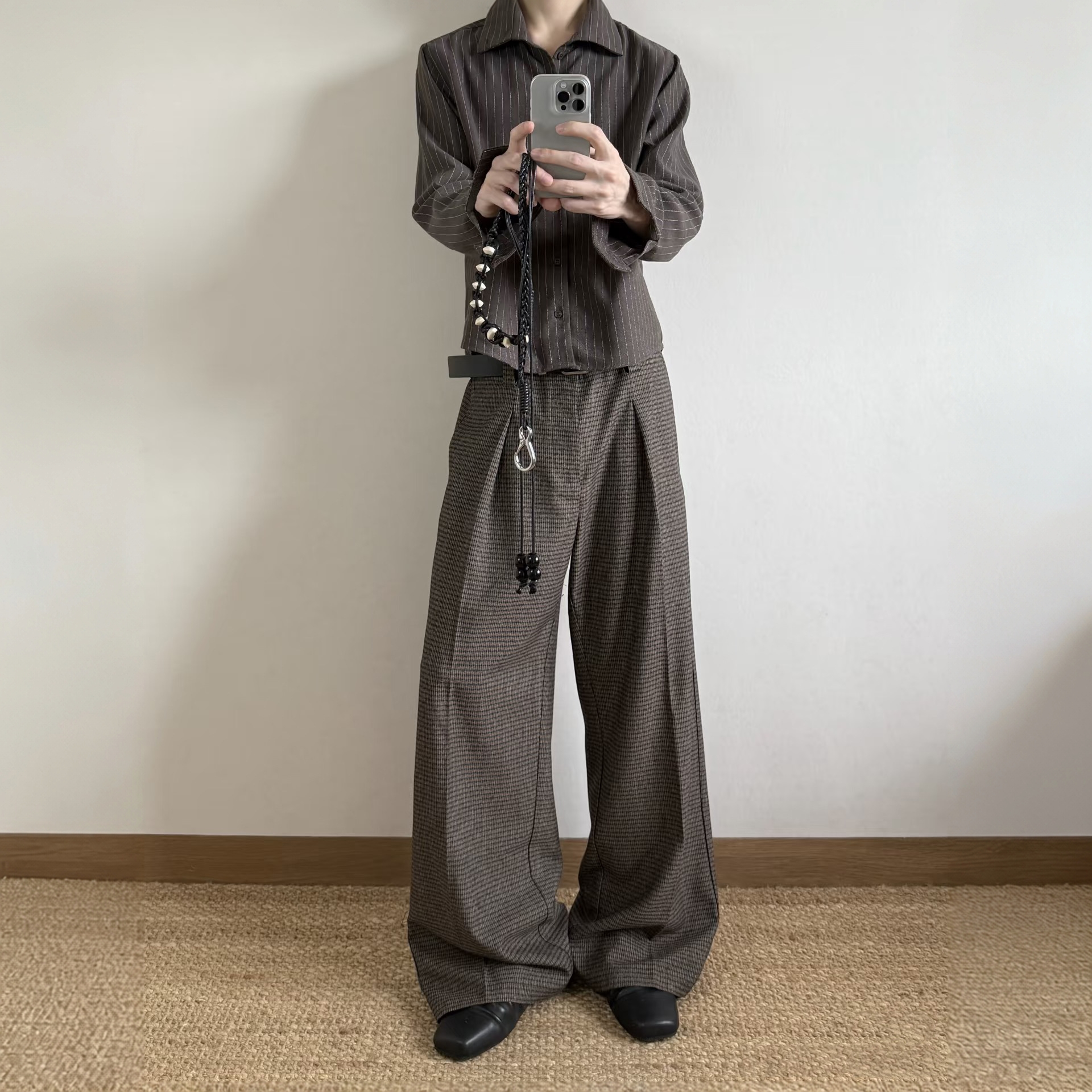 UniForm 羊毛混纺千鸟格条纹A字阔腿西裤老钱风打褶垂感宽松长裤