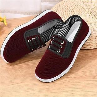 老北京布鞋男女款灯芯绒透气黑色工作鞋中老年红色平跟软底女鞋
