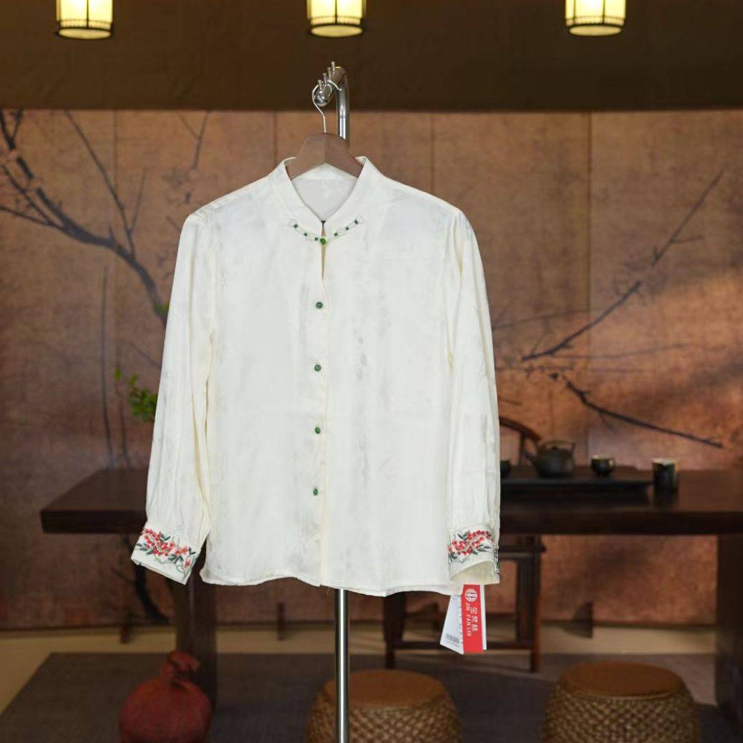 【觅秋一缕】新中式国风提花盘扣立领重工刺绣长袖衬衫老钱