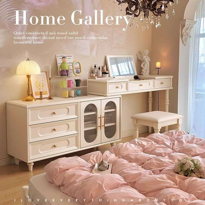 法式实木梳妆台斗柜一体奶油风白色化妆桌卧室床尾柜小户型梳妆台