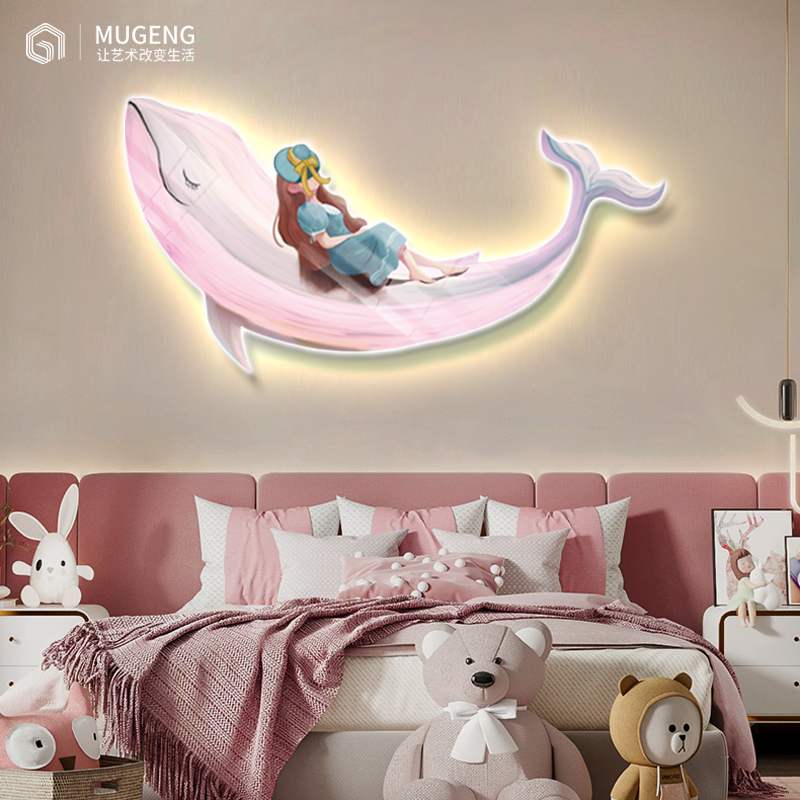 现代儿童房间卡通壁画 女孩卧室背景墙面leLd灯挂画床头发光装饰