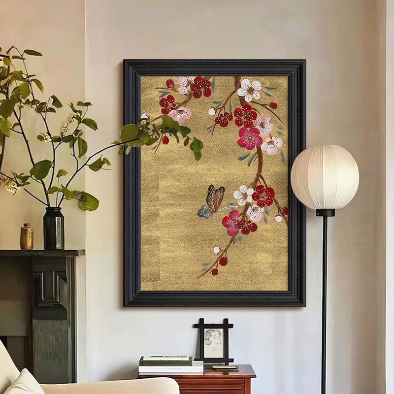 新中式入户d玄关梅花蝴蝶装饰画客厅卧室挂画中古风背景墙手绘油图片