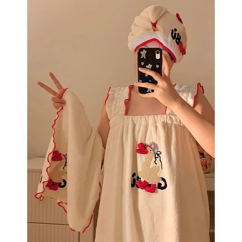 可爱浴巾女家用吸水速干裹巾大人洗澡毛巾浴裙四件套干发帽珊瑚绒