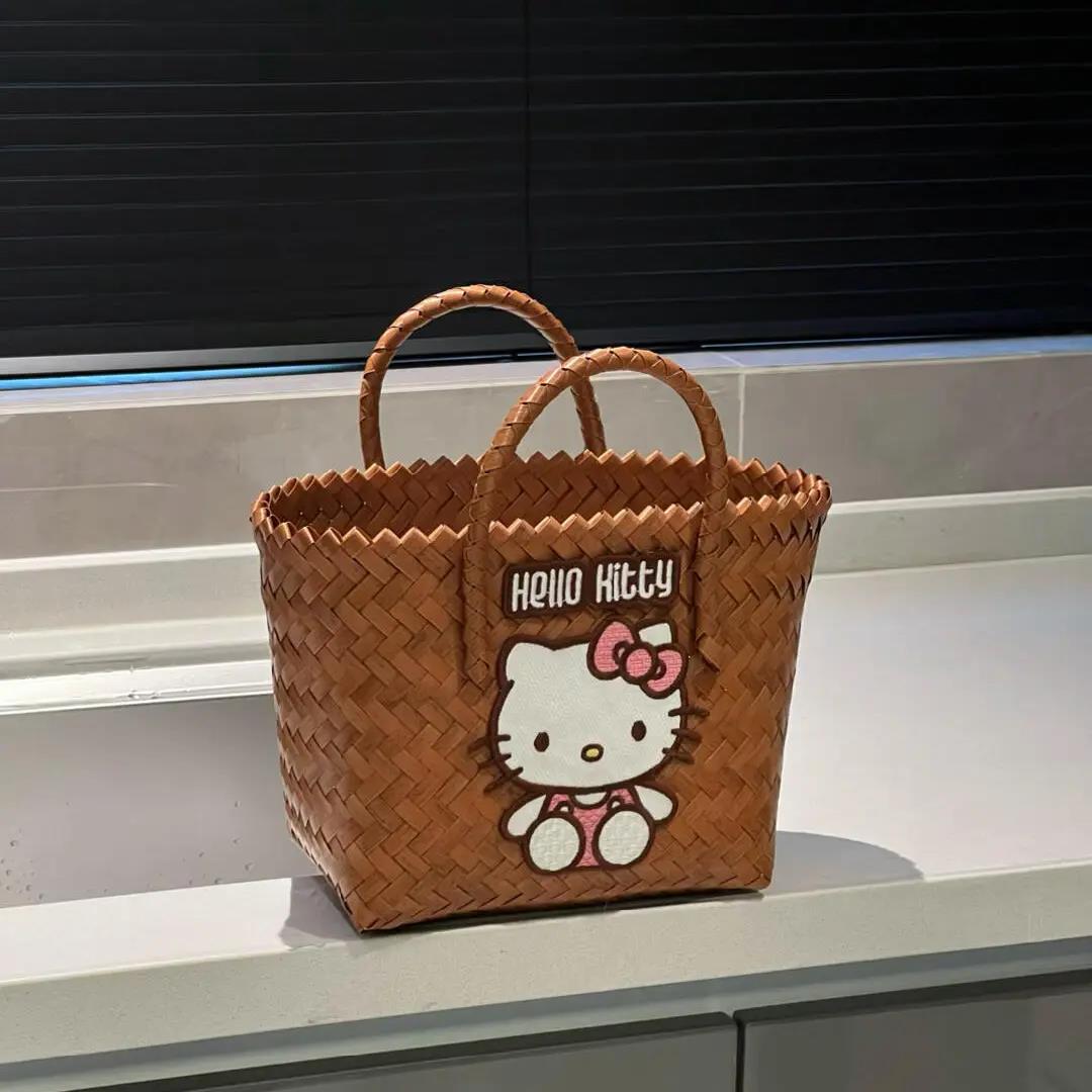可爱kitty猫编织菜篮子包便当餐盒美拉德咖色外出野餐手拎托特包