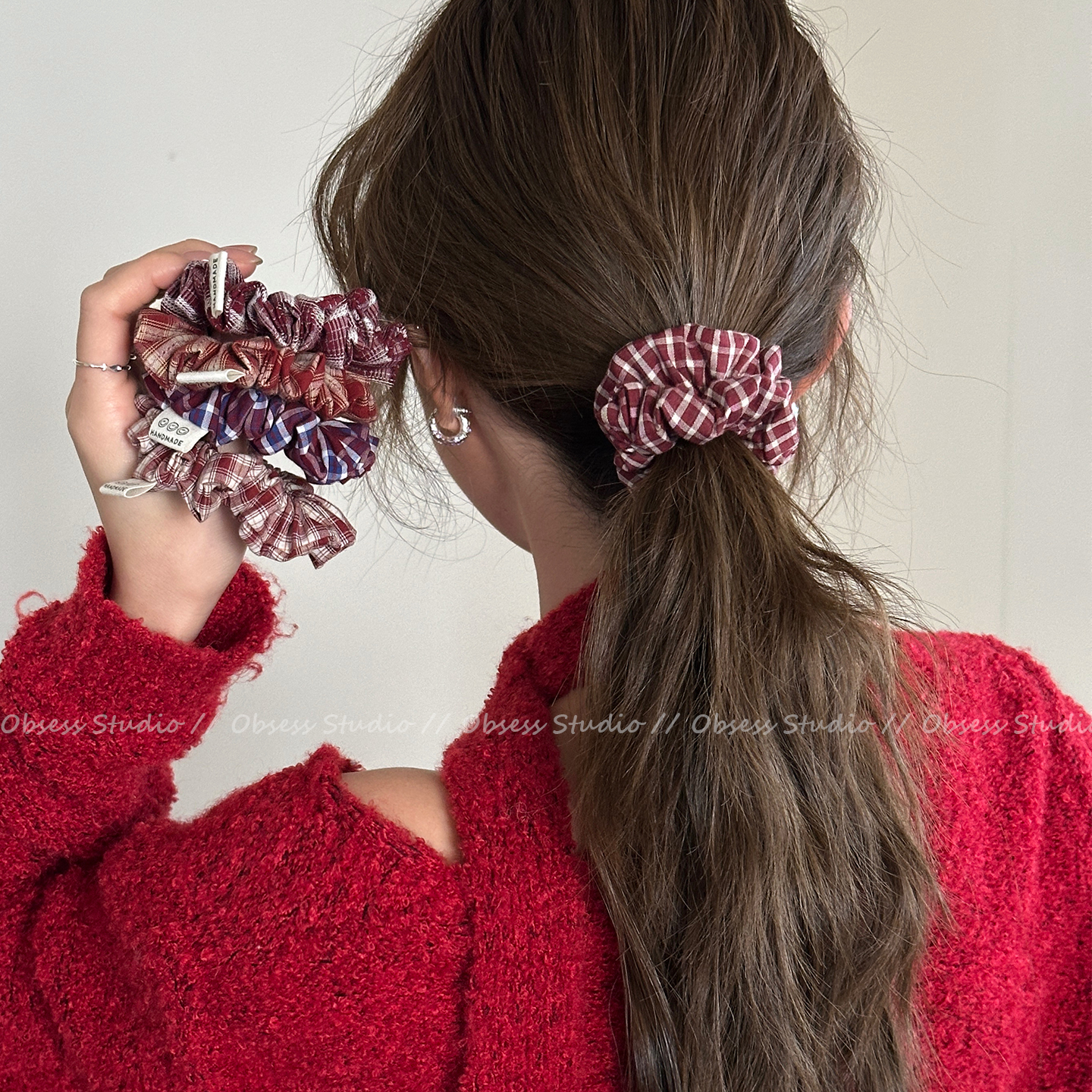 韩系红色格纹新年发绳小肠发圈