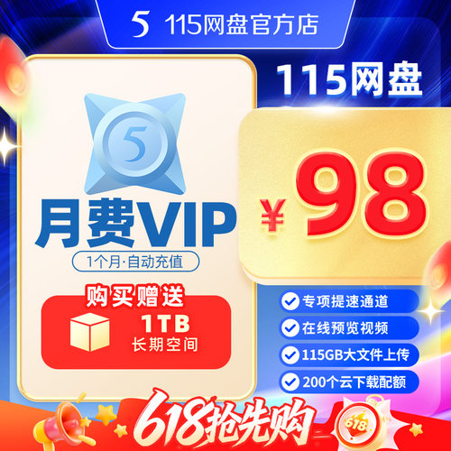 115网盘 月费VIP 含1TB空间 自动充值到账 专享提速通道