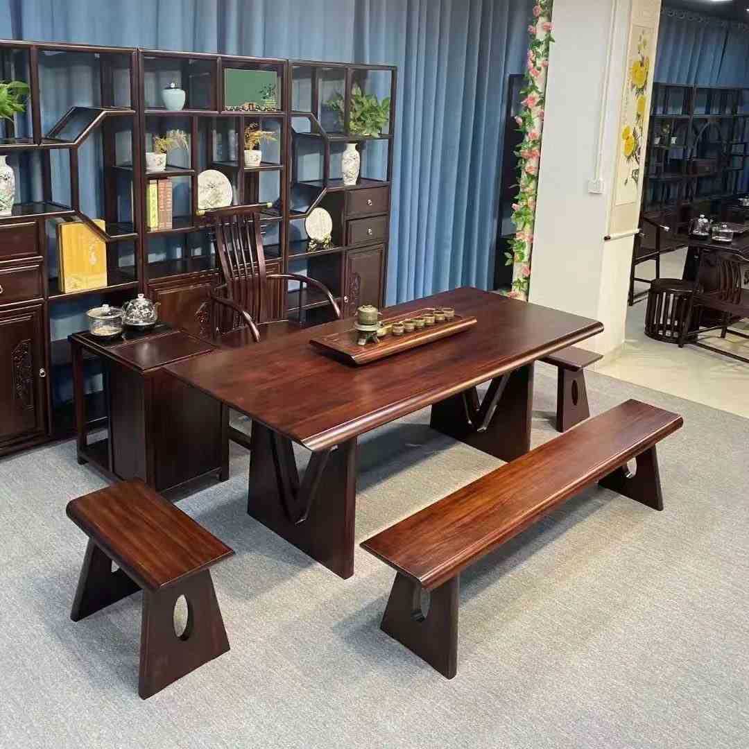 新中式乌金木茶桌椅组合现代简约实木大板原木组合家用茶台家具
