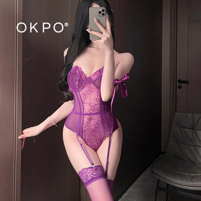 大码蕾丝紫色情趣内衣连体性感睡衣纯欲女诱惑装开裆免脱小胸显大