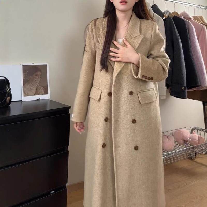 新款毛呢优质布拉格宽松羊毛大衣人字纹韩系复古慵懒感双面呢子
