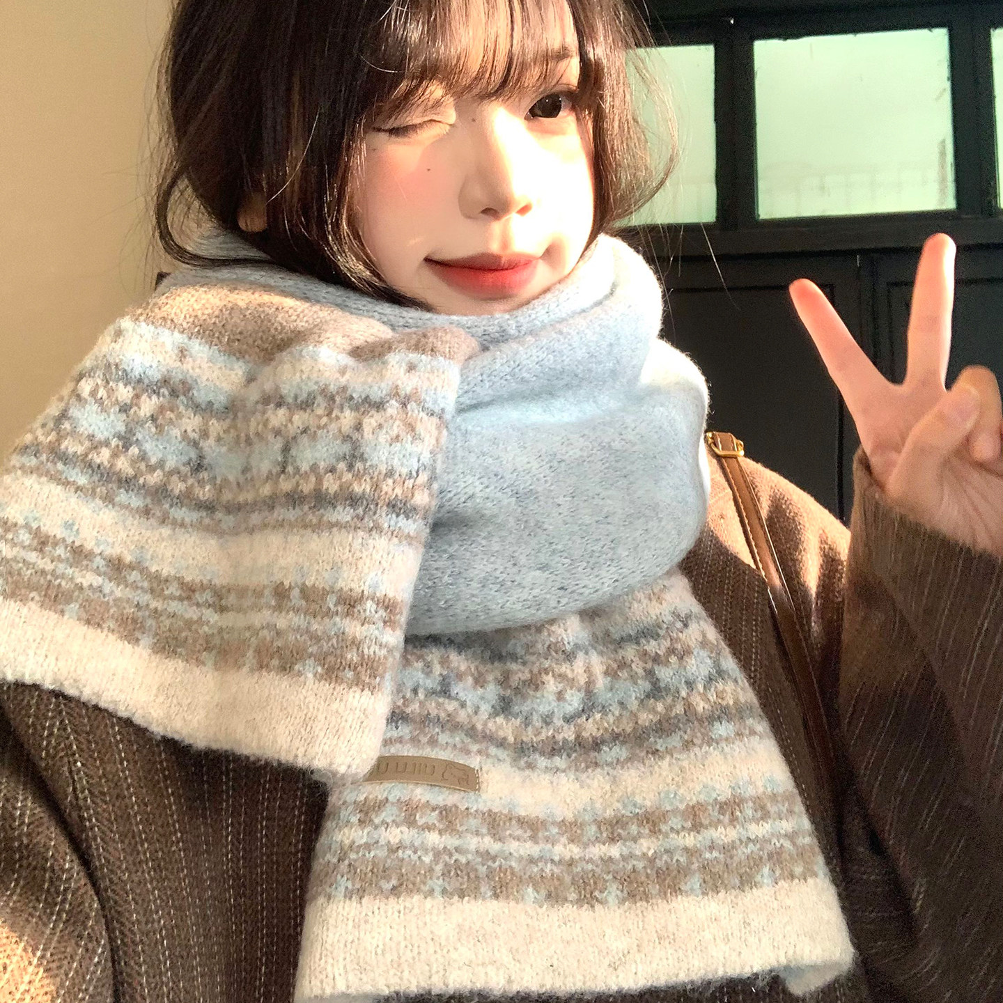 费尔岛风提花蓝色针织围巾女冬季氛围感百搭加厚保暖防寒护颈围脖,服饰配件/皮带/帽子/围巾,围巾/丝巾/披肩,淘宝优惠券,粉丝福利购,淘宝优惠卷