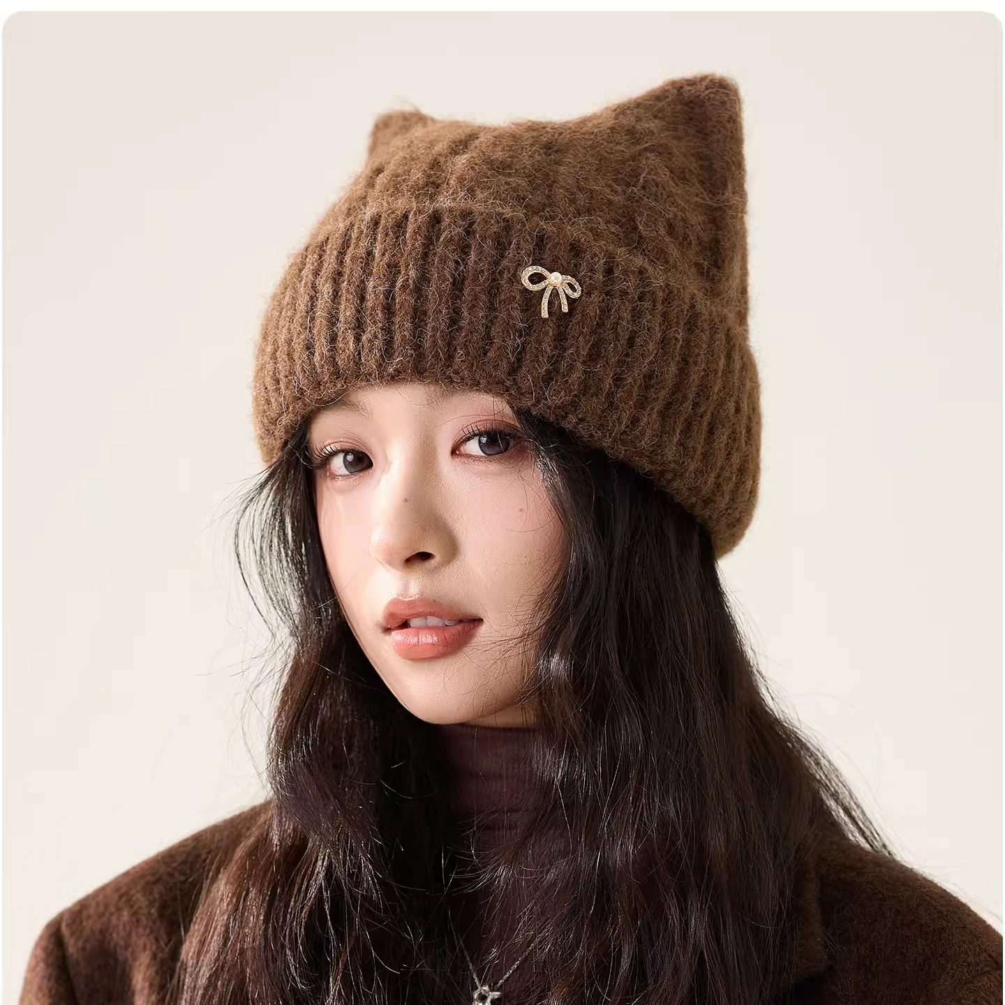 韩版可爱猫耳朵粗毛线帽子女蝴蝶结钻标针织帽加厚保暖宽松套头帽