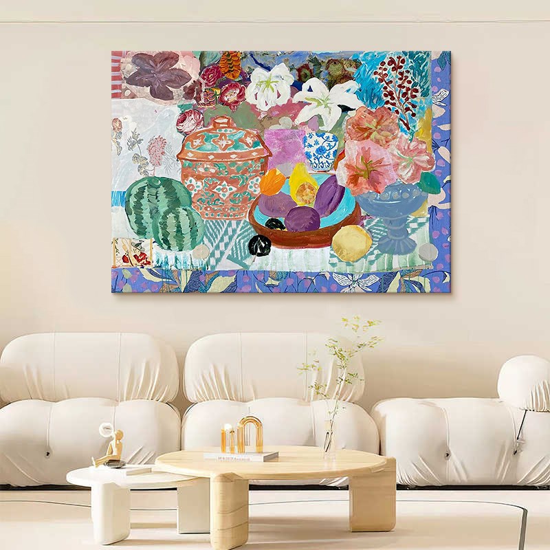 彩色马蒂斯小众艺术手绘油画餐厅多巴胺I装饰画客厅挂画横版肌理图片