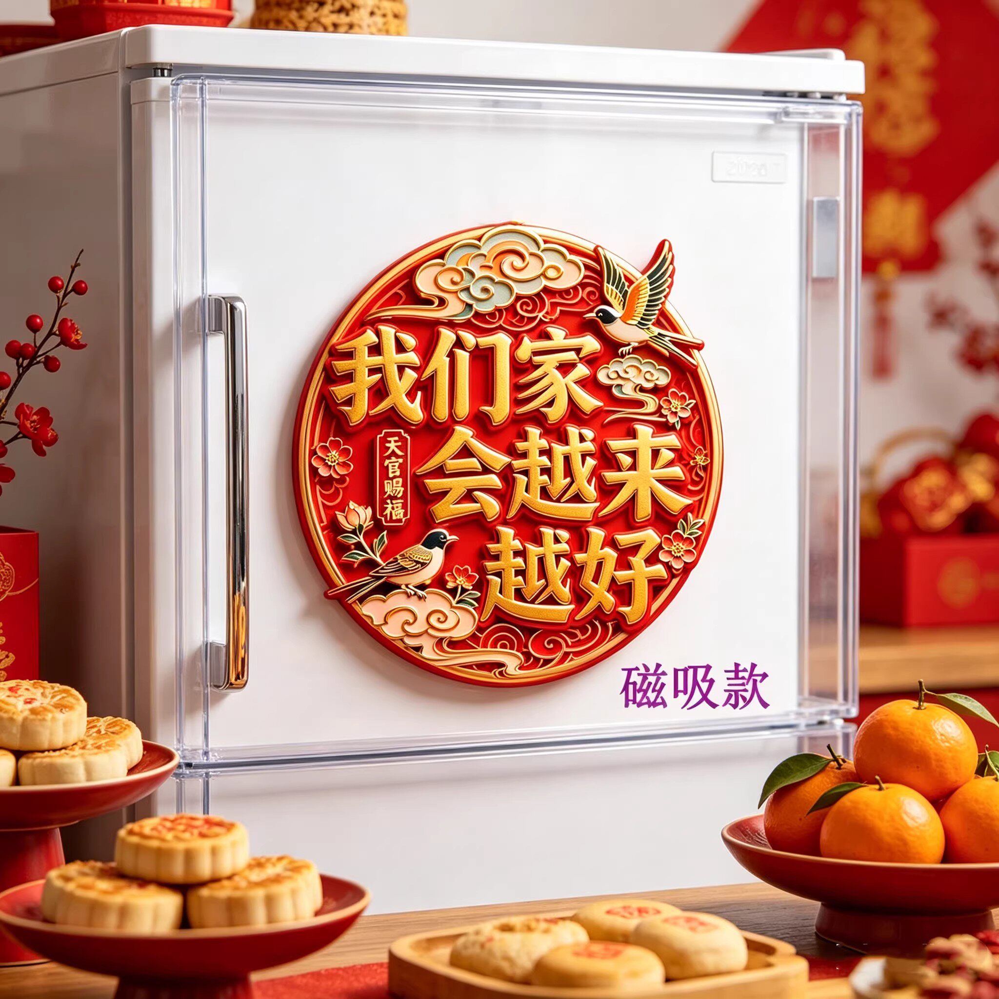 磁吸亚克力红色云纹乔迁冰箱贴