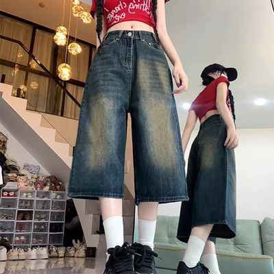 美式复古怀旧蓝高腰阔腿牛仔短裤