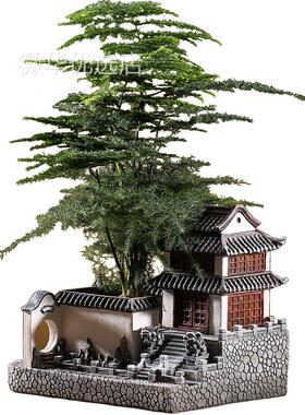 中式苏州园林微景观桌面树脂摆件客厅家居装饰办公室造景房子花盆