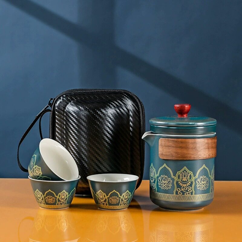 国潮堆花旅行茶具套装便携式快客杯一壶三杯茶叶罐泡茶壶礼品