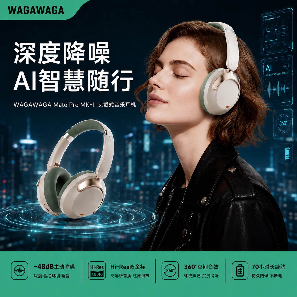 WAGAWAGA音乐AI智能翻译耳麦头戴式主动降噪无线蓝牙游戏耳机新款
