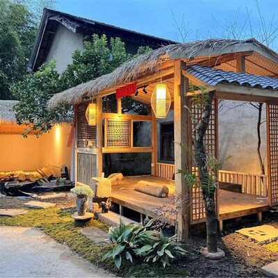 户外庭院茅草木屋茶室别墅民宿防腐木农家乐室外造景小木房子