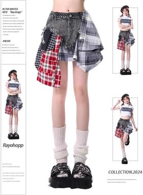 Rayohopp牛仔短裙女夏季张元英赵昭仪同款不规则拼接辣妹半身裙潮