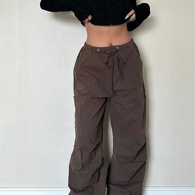 AOOAO 欧美辣妹复古街头休闲松紧抽绳褶皱直筒宽松口袋工装裤