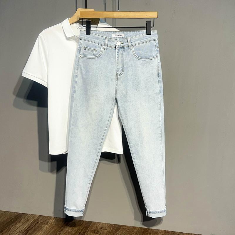 秋季洗水浅色九分牛仔裤男潮牌帅气百搭休闲修身小脚9分裤子韩版