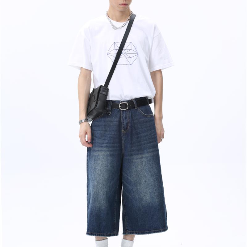 Voguo Relay阔腿7分牛仔裤韩版宽松显瘦直筒水洗牛仔中裤男女短裤