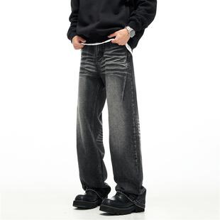 复古水洗黑色cleanfit裤 高街水波纹宽松直筒牛仔裤 子 OFF美式 FLY