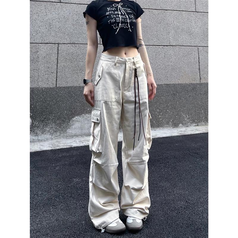 BAOER美式复古工装裤伞兵直筒褶皱vibe多口袋辣妹休闲长裤子男女
