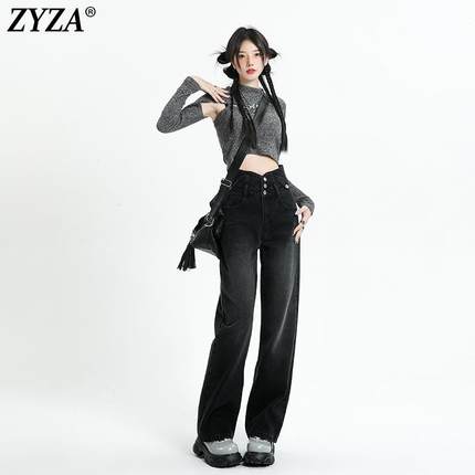 ZYZA高腰阔腿牛仔长裤女2024秋冬黑色直筒显瘦宽松春冬款加绒裤子