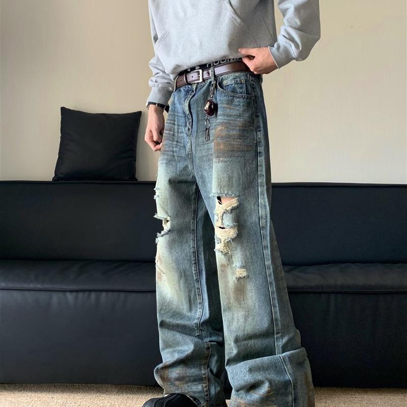 白菜coke美式复古废土风喷脏牛仔裤男高级感裤子小众设计感长裤男