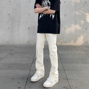 美式高街cleanfit纯色休闲牛仔裤男潮ins显瘦堆积感直筒微喇裤子