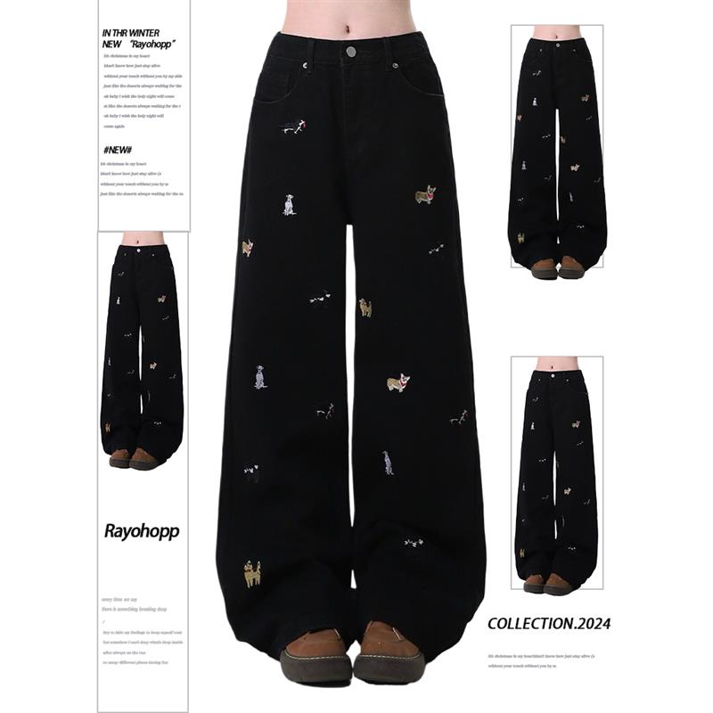 Rayohopp牛仔裤女春季潮牌高街趣味小狗刺绣慵懒风百搭直筒拖地裤