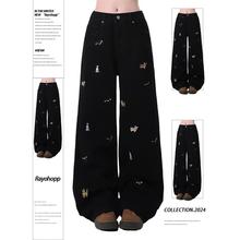 Rayohopp牛仔裤女春季潮牌高街趣味小狗刺绣慵懒风百搭直筒拖地裤