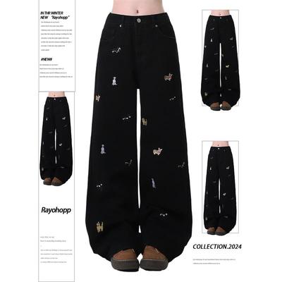 Rayohopp牛仔裤女春季潮牌高街趣味小狗刺绣慵懒风百搭直筒拖地裤