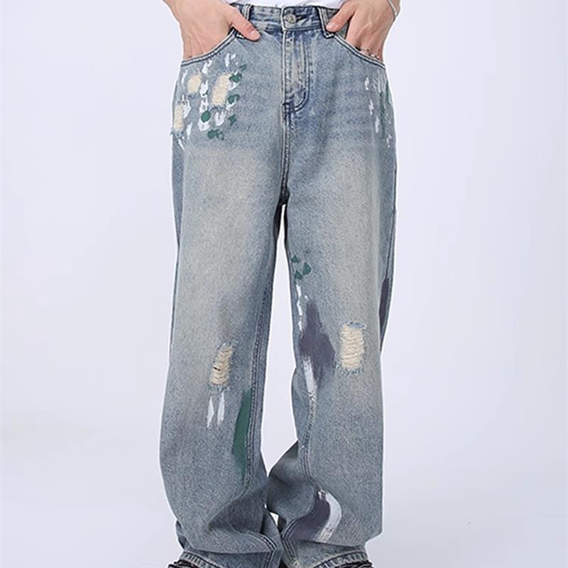 Voguo Relay 显瘦牛仔裤韩版破洞设计感宽松直筒拖地阔腿男女同款