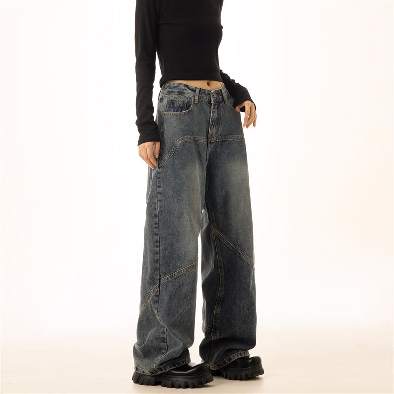 「PEAC」美式高街拼接牛仔裤女阔腿宽松工装裤子潮牌痞帅炸街男秋