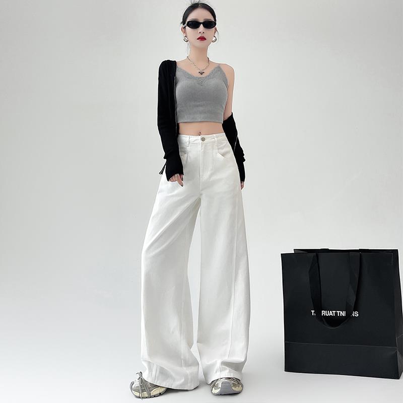 LGKG白色高腰阔腿牛仔裤女宽松显瘦2024夏天新款休闲直筒拖地裤子