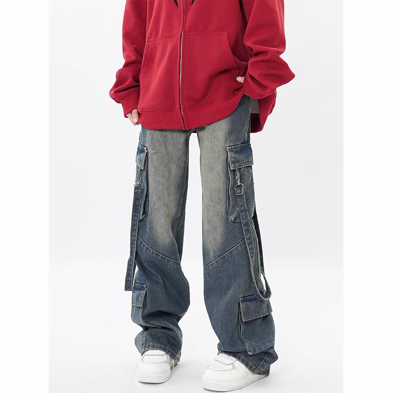 Free Sonata美式飘带牛仔裤女高街vibe多口袋工装裤宽松阔腿长裤
