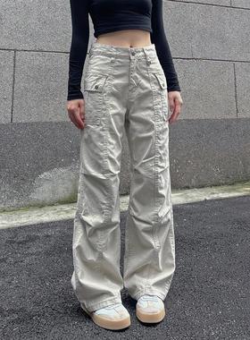 BAOER美式复古工装裤伞兵vibe直筒做旧褶皱牛仔辣妹休闲裤子男女