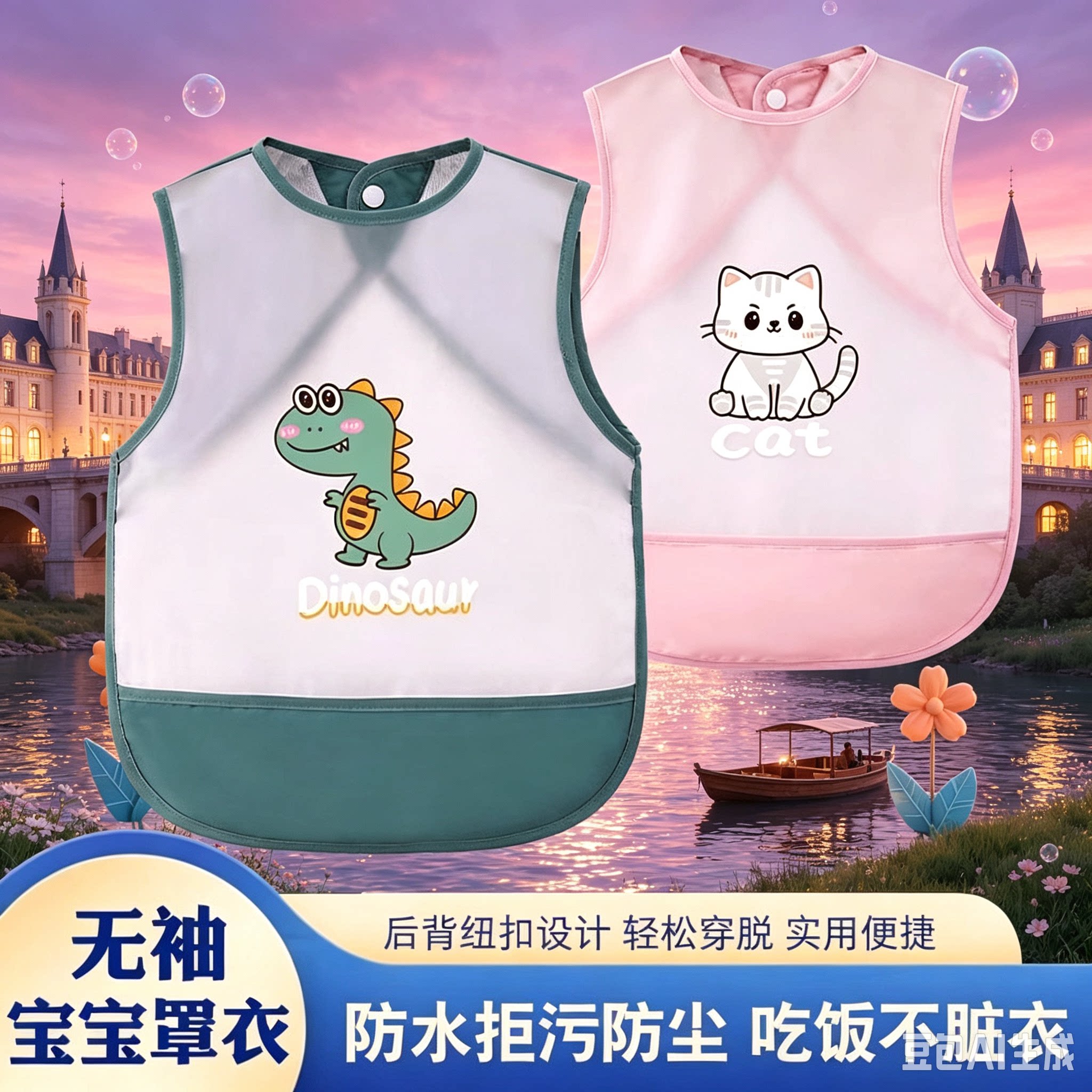 宝宝吃饭围兜罩衣儿童防水防脏饭兜夏季婴儿辅食无袖围裙网眼护衣