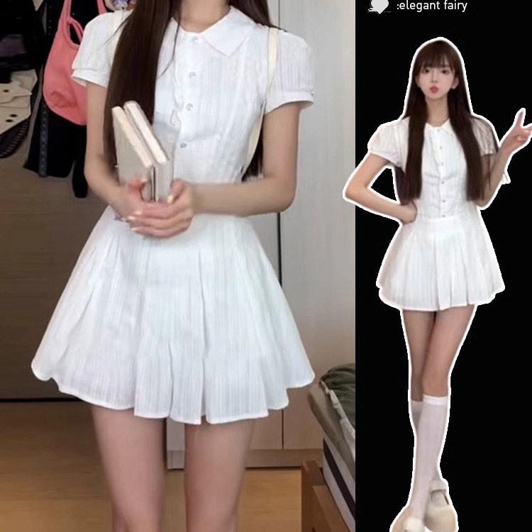 学院风白色衬衫连衣裙女2025新款夏季小个子清新甜美短裙两件套装