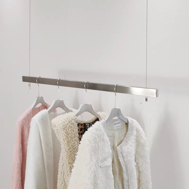 服装店吊架不锈钢拉丝银色方管挂衣杆女装橱窗陈列货架悬挂展示架