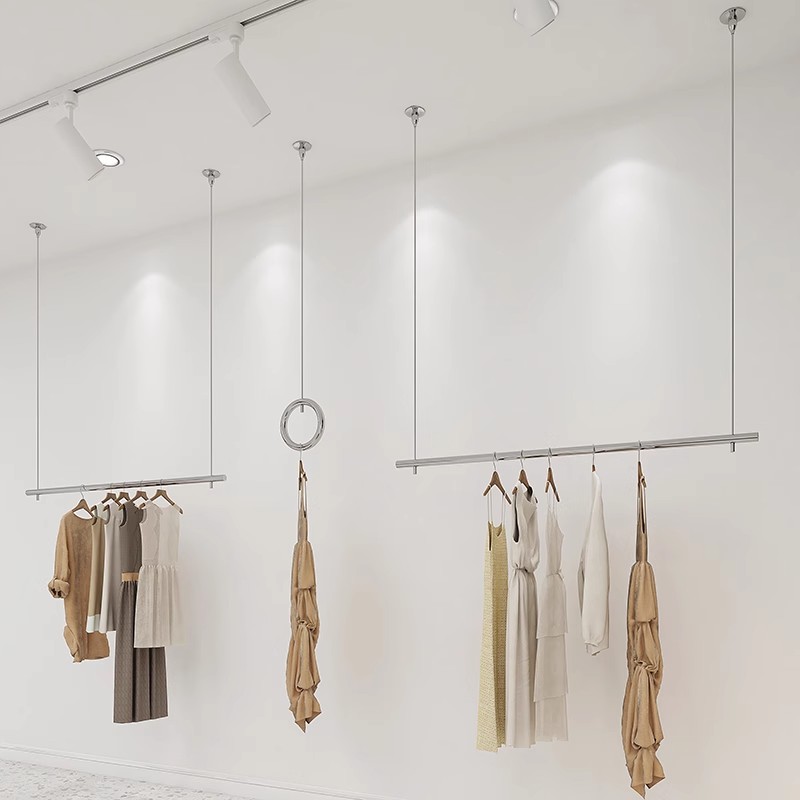 服装店展示架不锈钢吊架升降挂衣杆女装店银色橱窗钢丝调节展示架