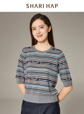 SHARI HAP莎瑞莱赛尔天丝小衫洋气条纹五分袖针织打底衫秋装新款