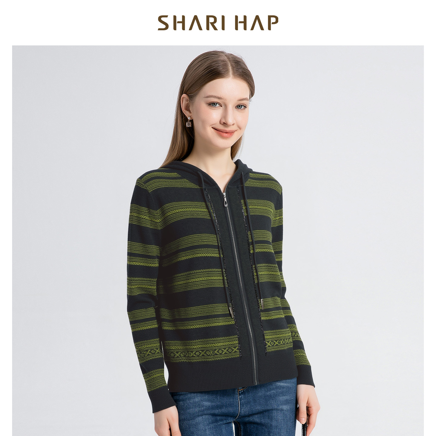 SHARI HAP莎瑞休闲连帽针织开衫洋气宽松休闲2025秋装新款上衣