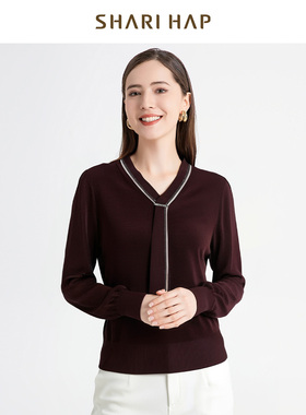 SHARI HAP莎瑞V领针织套头衫洋气飘带针织打底衫秋装新款上衣正品
