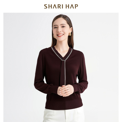 SHARI HAP莎瑞V领针织套头衫洋气飘带针织打底衫秋装新款上衣正品