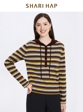 SHARI HAP连帽针织条纹衫女洋气秋冬新款套头上衣