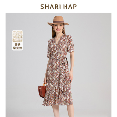 【桑蚕丝】SHARI HAP不规则V领碎花真丝连衣裙新款茶歇裙子夏