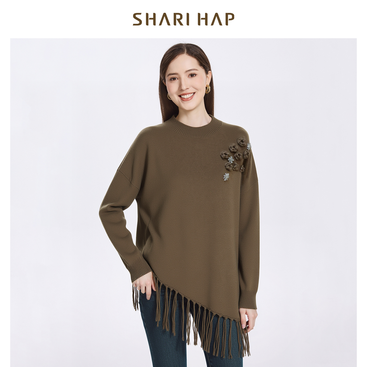 【斗篷】SHARI HAP不规则流苏针织斗篷女半高领羊毛衫针织套头衫